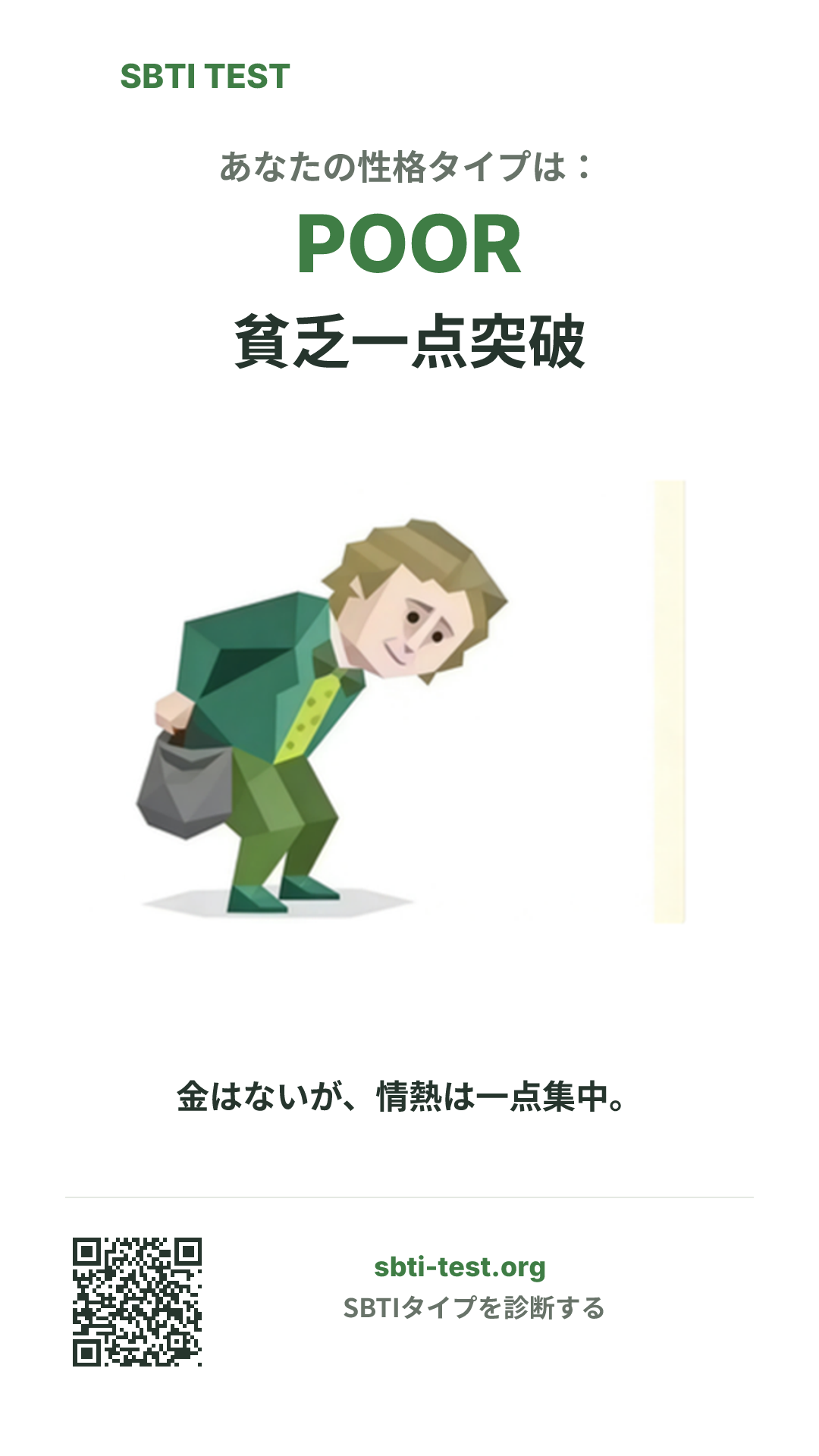 POOR 貧乏一点突破 の SBTI 縦長ポスター画像。タイプのビジュアルと共有情報を表示
