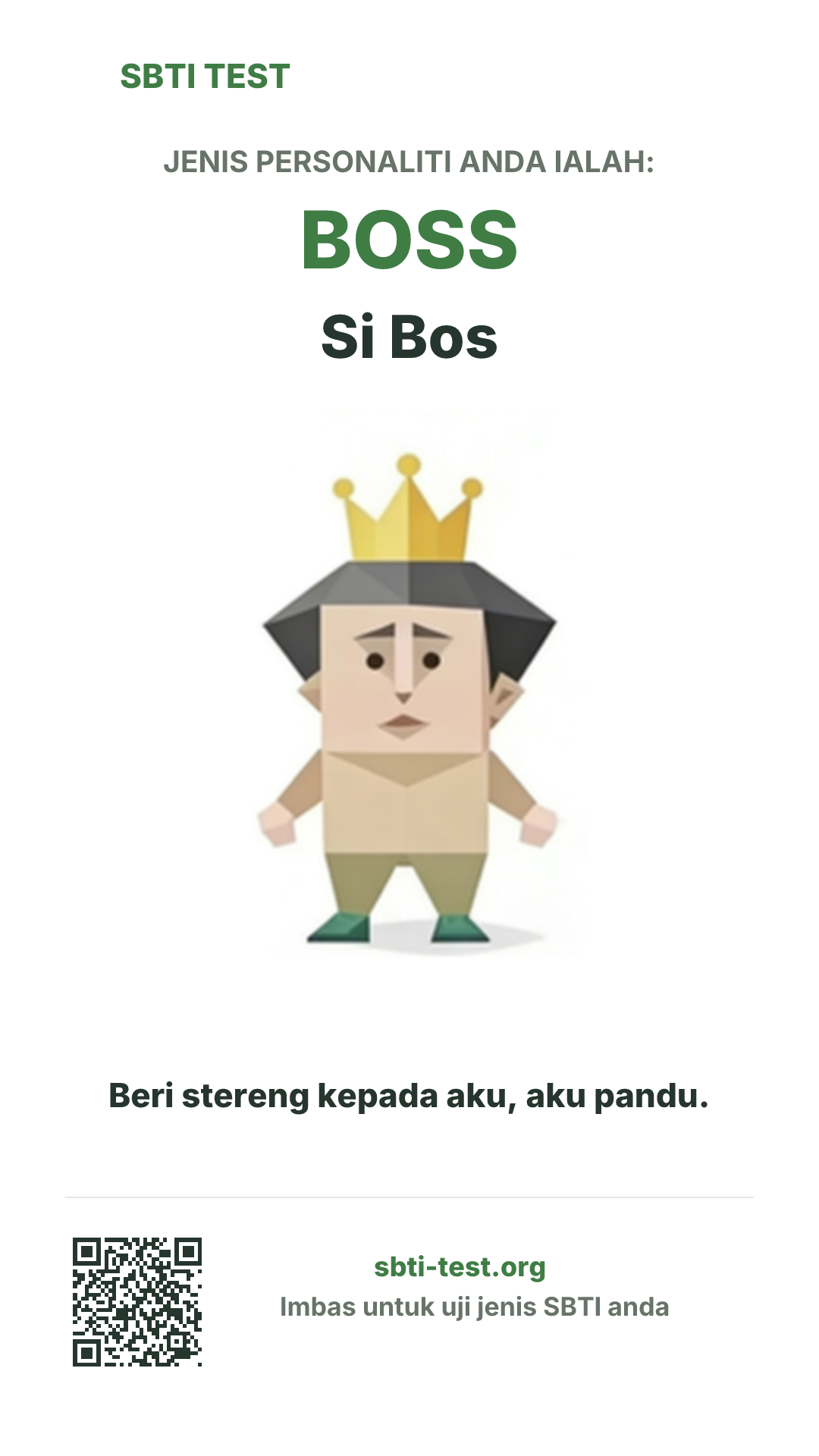 Poster menegak SBTI untuk BOSS Si Bos dengan visual jenis dan maklumat perkongsian