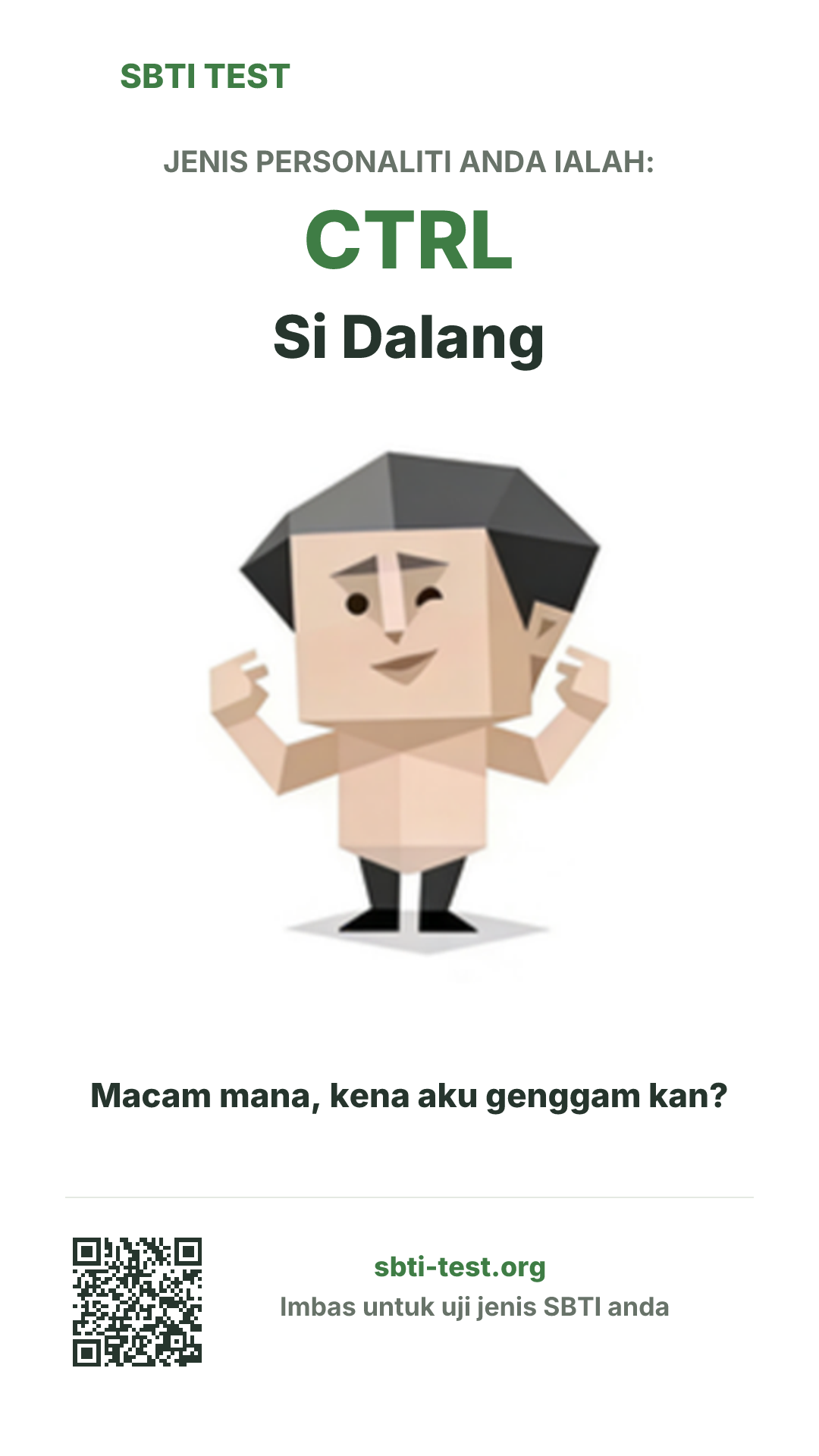 Poster menegak SBTI untuk CTRL Si Dalang dengan visual jenis dan maklumat perkongsian