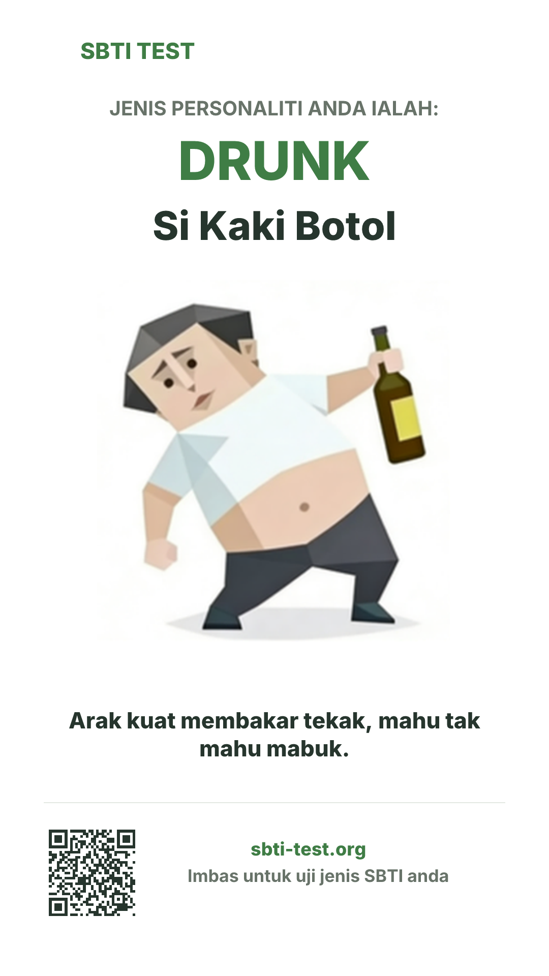 Poster menegak SBTI untuk DRUNK Si Kaki Botol dengan visual jenis dan maklumat perkongsian