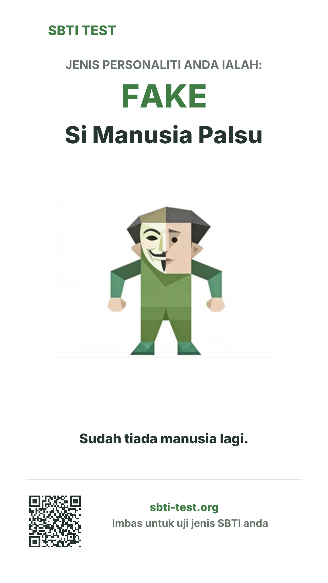 Poster menegak SBTI untuk FAKE Si Manusia Palsu dengan visual jenis dan maklumat perkongsian