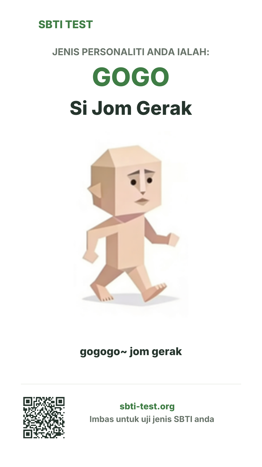 Poster menegak SBTI untuk GOGO Si Jom Gerak dengan visual jenis dan maklumat perkongsian