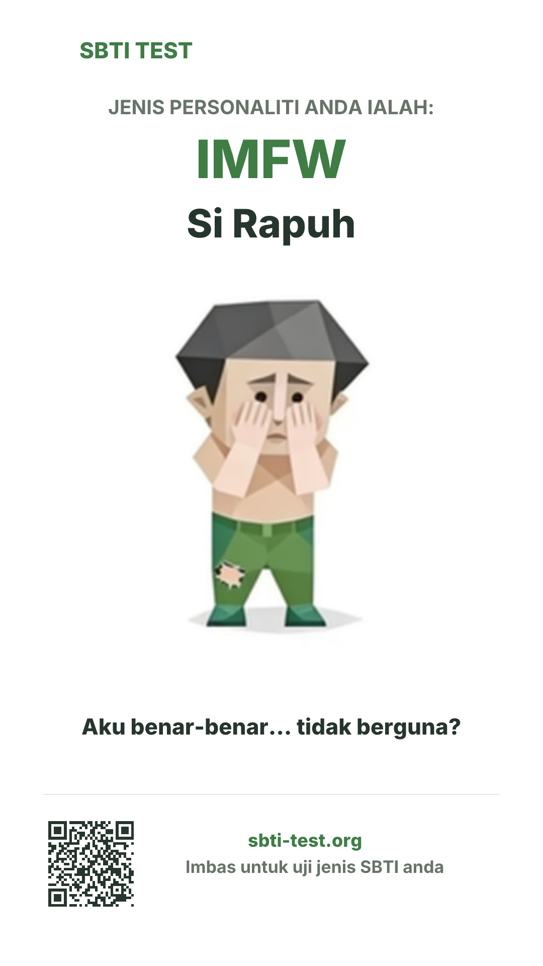 Poster menegak SBTI untuk IMFW Si Tak Guna dengan visual jenis dan maklumat perkongsian