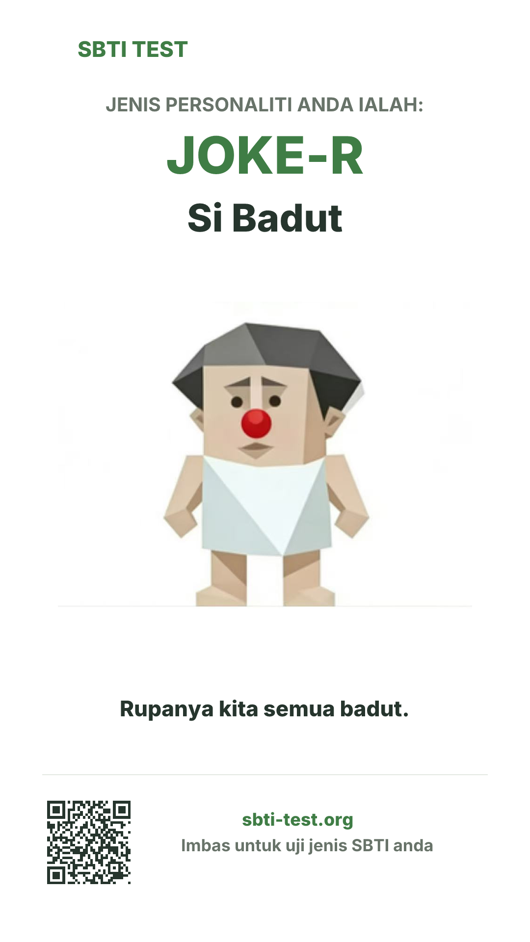 Poster menegak SBTI untuk JOKE-R Si Badut dengan visual jenis dan maklumat perkongsian