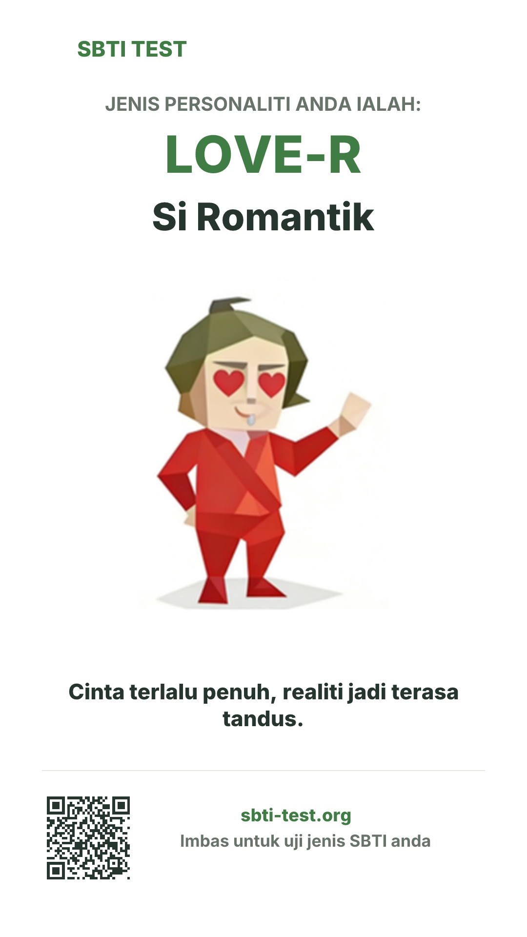 Poster menegak SBTI untuk LOVE-R Si Love Melimpah dengan visual jenis dan maklumat perkongsian