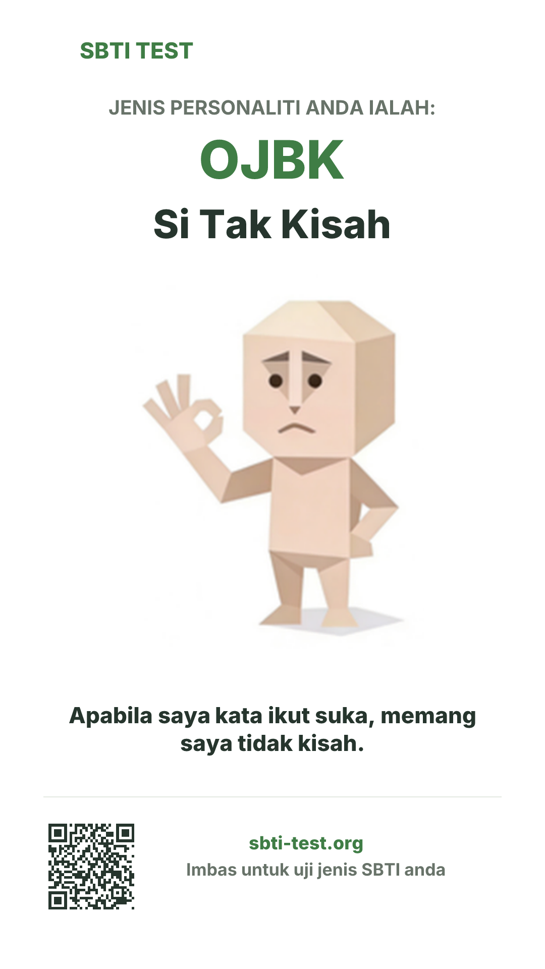 Poster menegak SBTI untuk OJBK Si Tak Kisah dengan visual jenis dan maklumat perkongsian