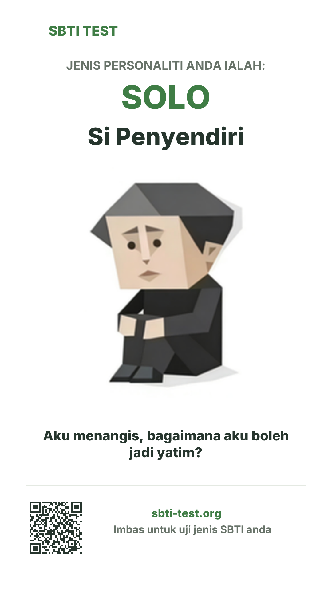 Poster menegak SBTI untuk SOLO Si Yatim dengan visual jenis dan maklumat perkongsian