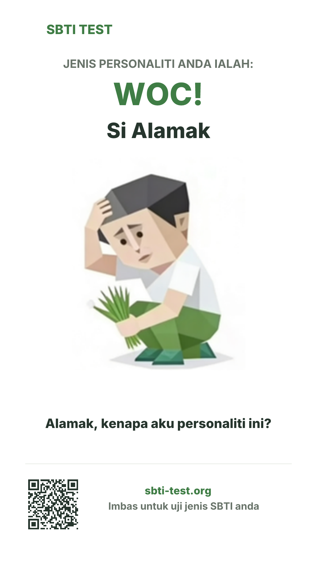 Poster menegak SBTI untuk WOC! Si Terkejut dengan visual jenis dan maklumat perkongsian