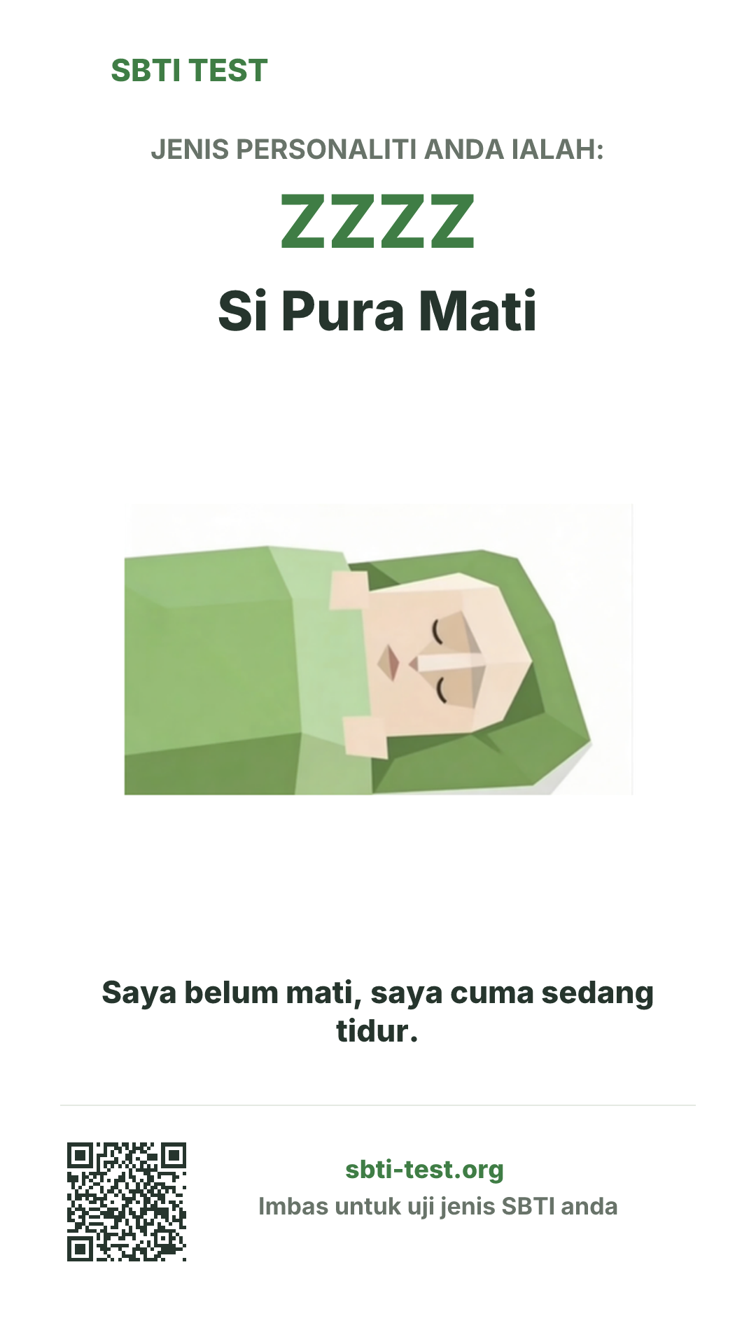 Poster menegak SBTI untuk ZZZZ Si Pura Mati dengan visual jenis dan maklumat perkongsian