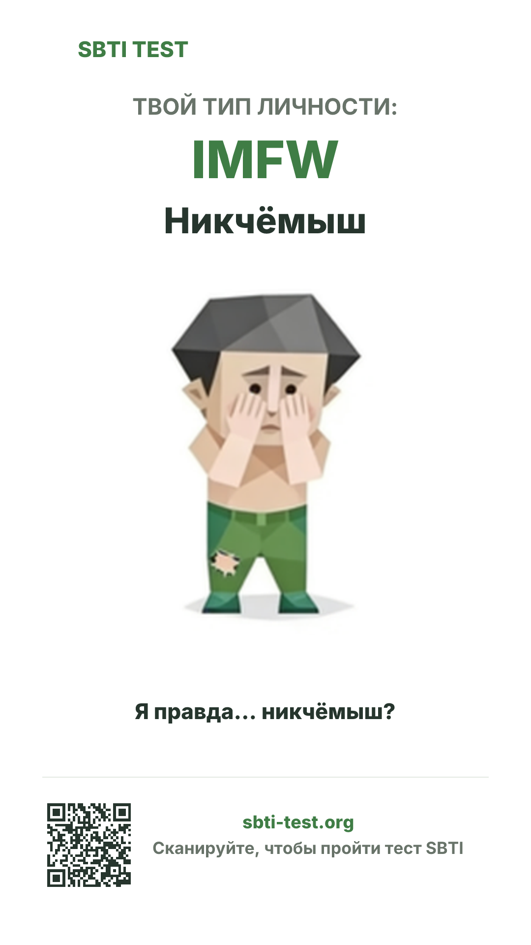 Вертикальный постер SBTI для IMFW Никчёмыш с визуалом типа и данными для шаринга