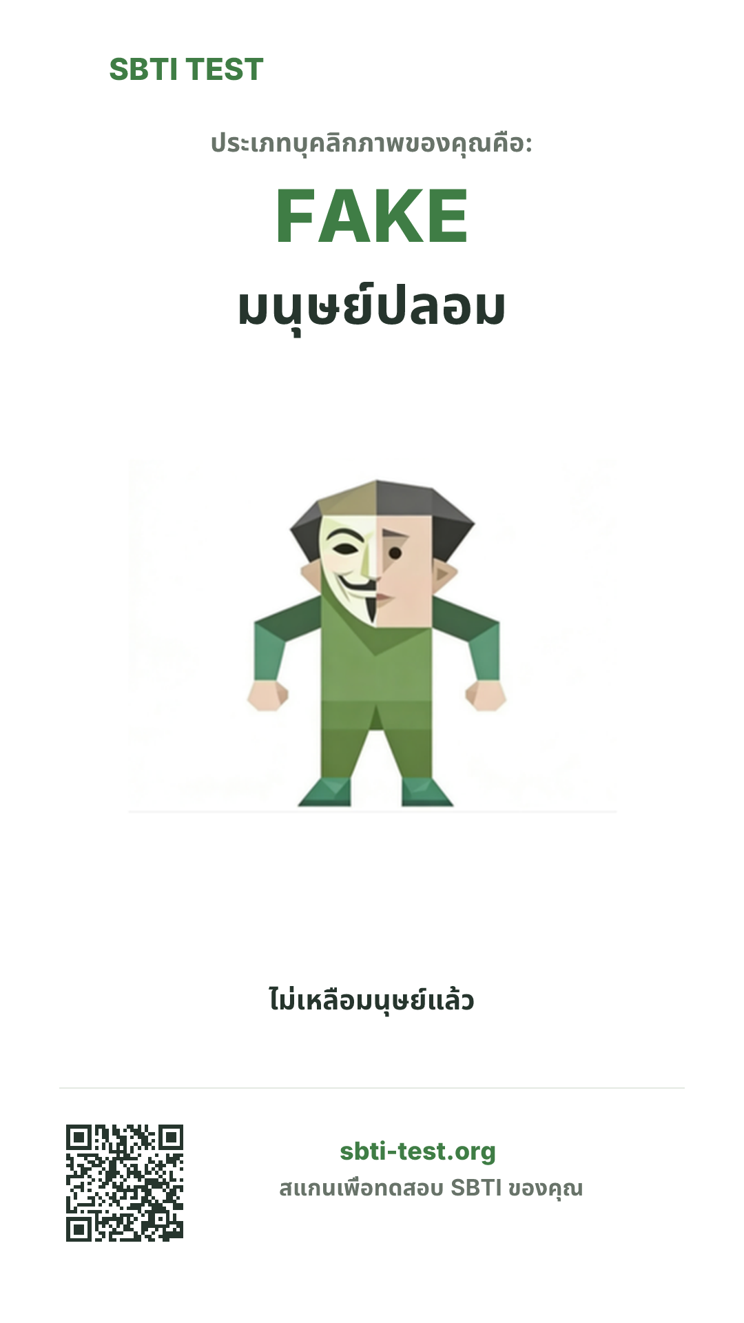 โปสเตอร์แนวตั้ง SBTI ของ FAKE มนุษย์ปลอม แสดงภาพหลักของไทป์และข้อมูลสำหรับแชร์