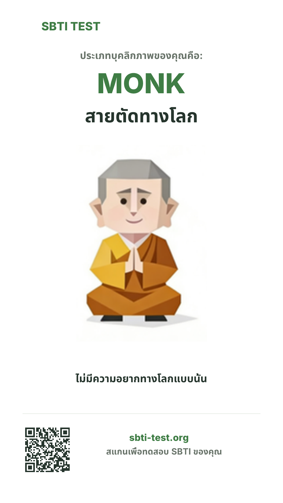 โปสเตอร์แนวตั้ง SBTI ของ MONK สายตัดทางโลก แสดงภาพหลักของไทป์และข้อมูลสำหรับแชร์