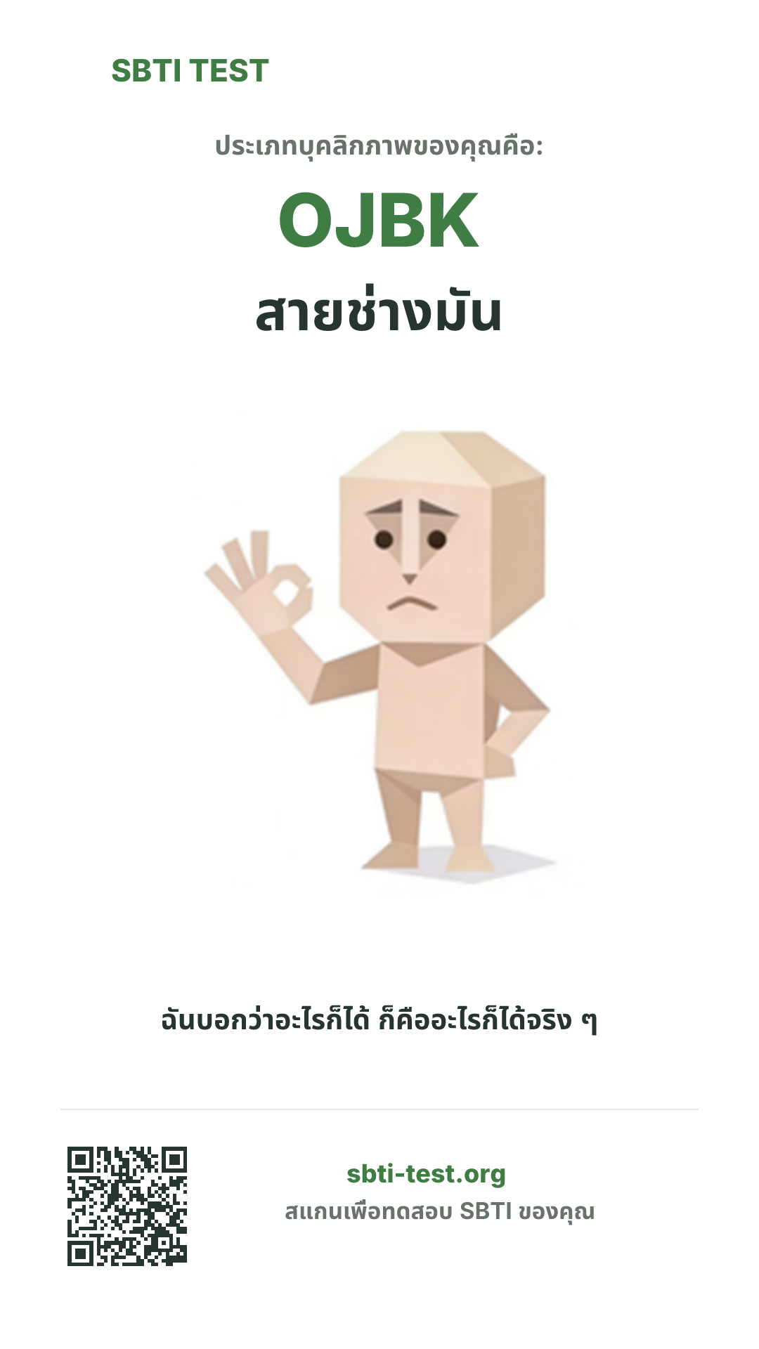 โปสเตอร์แนวตั้ง SBTI ของ OJBK สายช่างมัน แสดงภาพหลักของไทป์และข้อมูลสำหรับแชร์