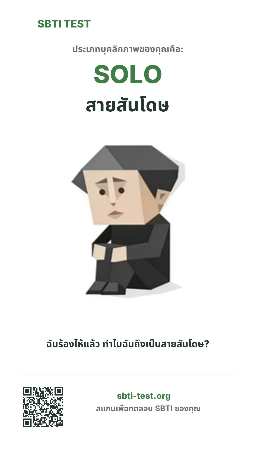 โปสเตอร์แนวตั้ง SBTI ของ SOLO สายสันโดษ แสดงภาพหลักของไทป์และข้อมูลสำหรับแชร์