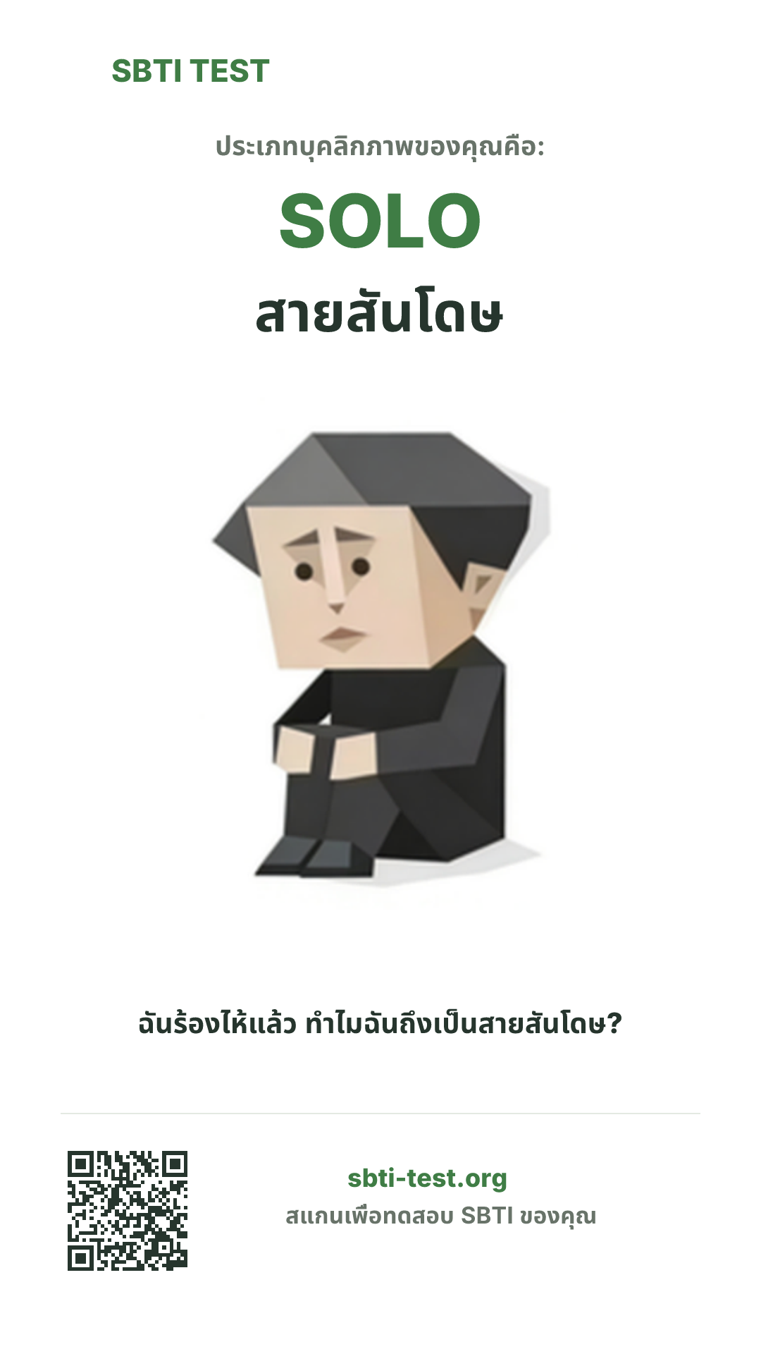 โปสเตอร์แนวตั้ง SBTI ของ SOLO สายสันโดษ แสดงภาพหลักของไทป์และข้อมูลสำหรับแชร์