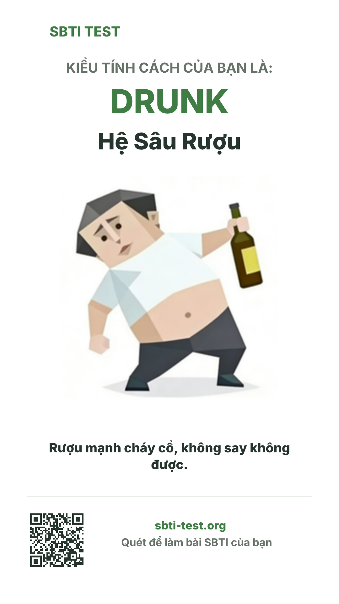Poster dọc SBTI cho DRUNK Hệ Sâu Rượu, hiển thị hình kiểu SBTI và thông tin chia sẻ