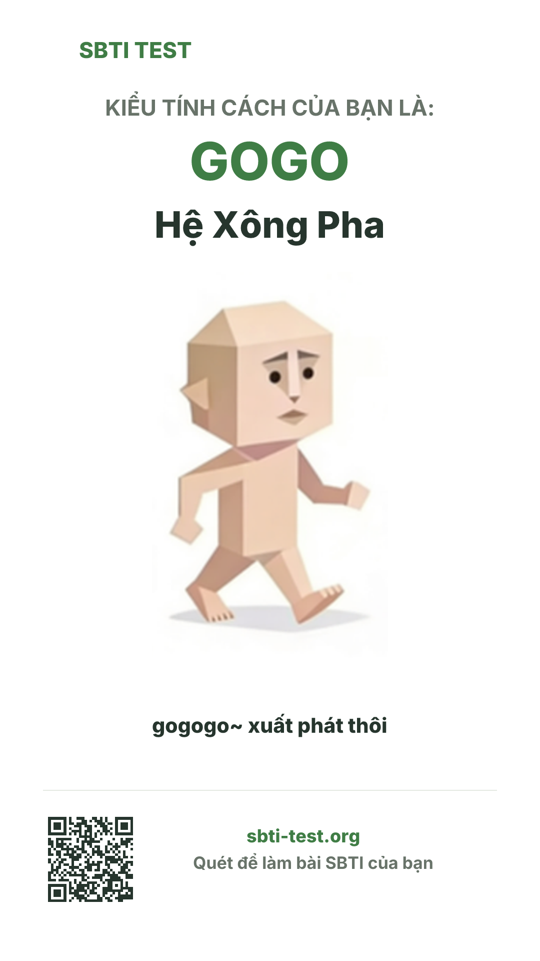 Poster dọc SBTI cho GOGO Hệ Xông Pha, hiển thị hình kiểu SBTI và thông tin chia sẻ