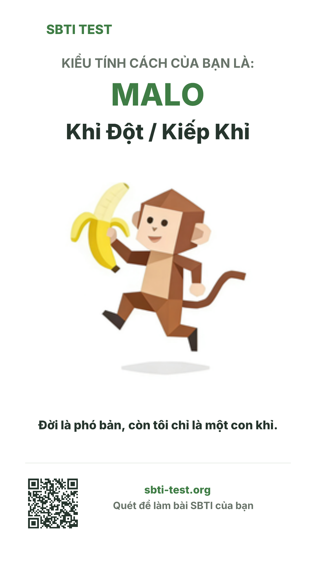 Poster dọc SBTI cho MALO Hệ Khỉ, hiển thị hình kiểu SBTI và thông tin chia sẻ