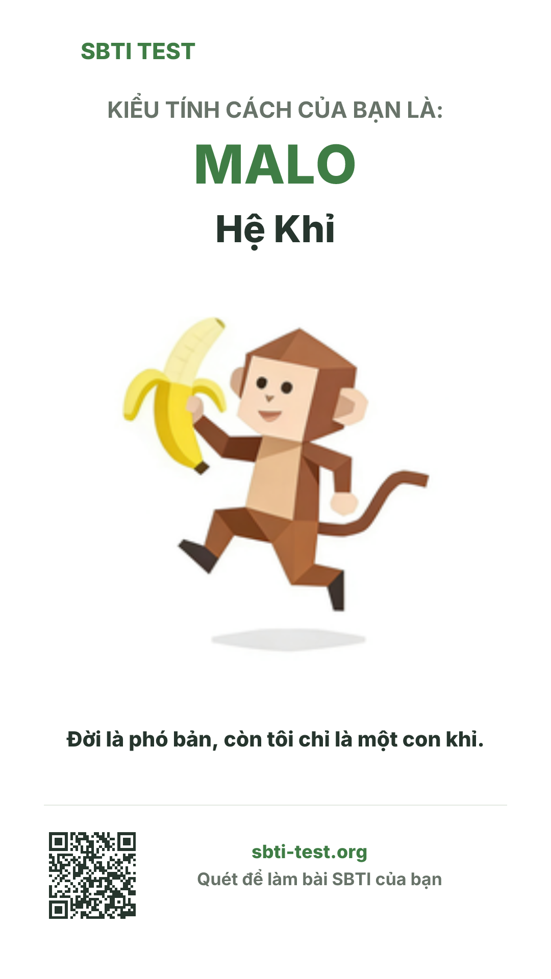 Poster dọc SBTI cho MALO Hệ Khỉ, hiển thị hình kiểu SBTI và thông tin chia sẻ