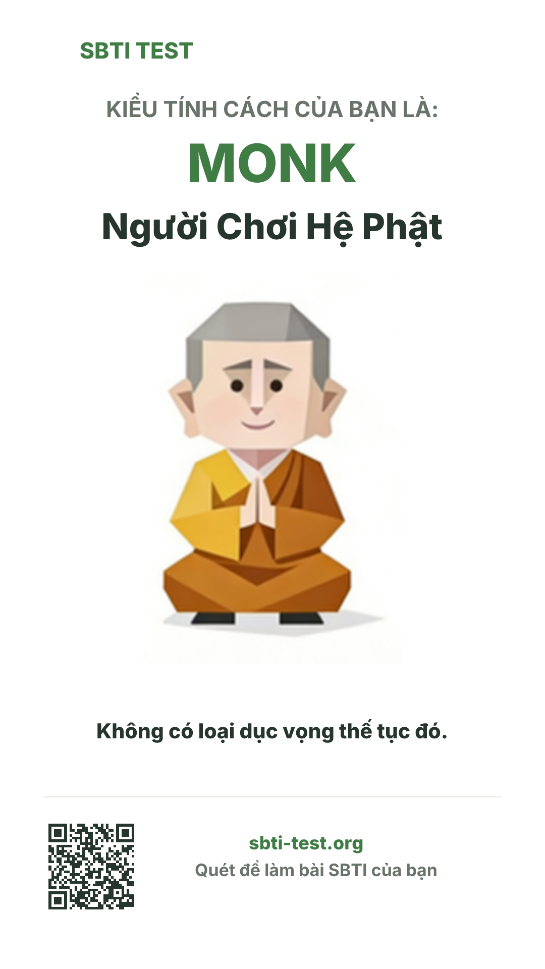 Poster dọc SBTI cho MONK Hệ Phật, hiển thị hình kiểu SBTI và thông tin chia sẻ