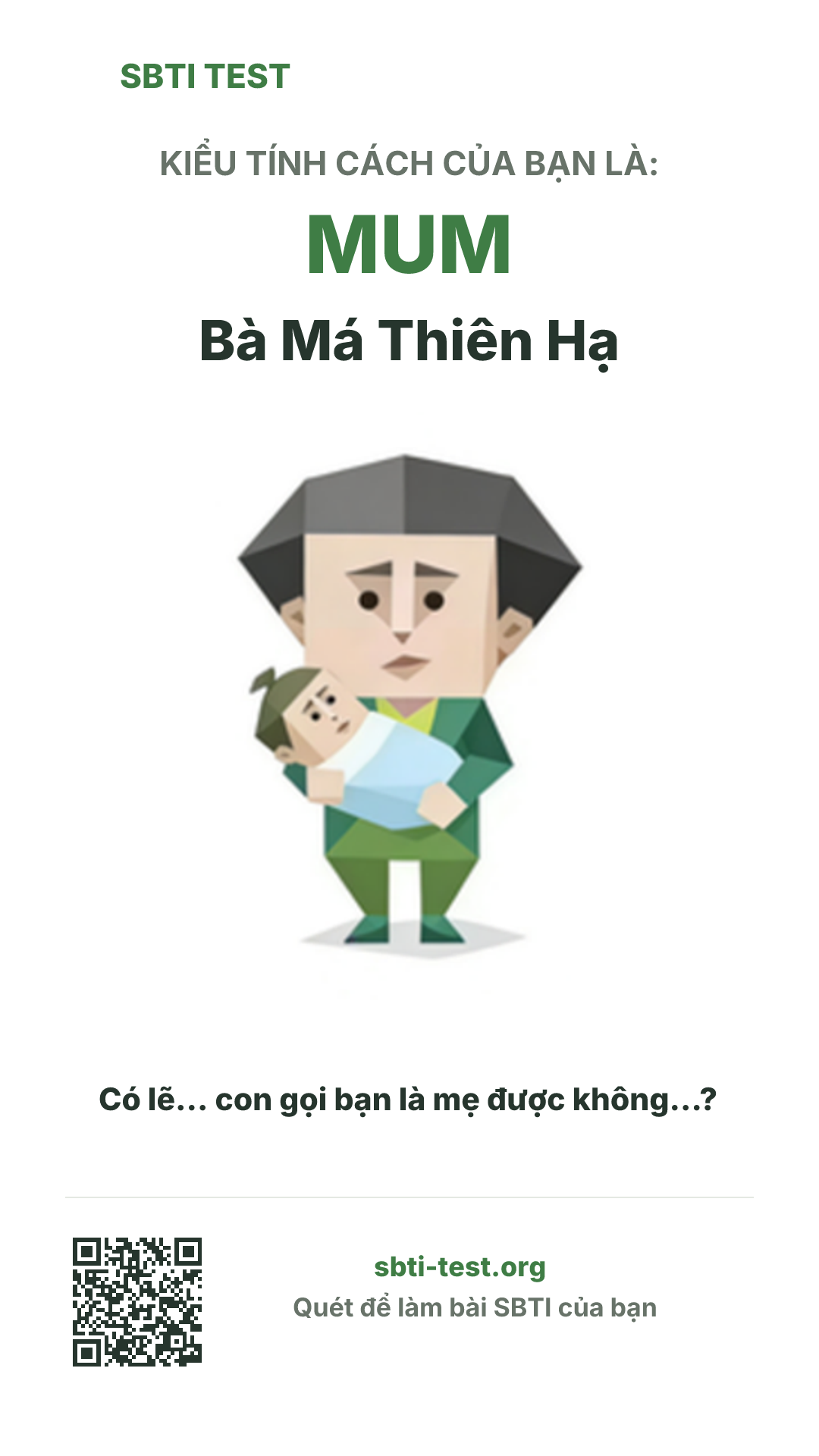 Poster dọc SBTI cho MUM Hệ Bà Má Thiên Hạ, hiển thị hình kiểu SBTI và thông tin chia sẻ