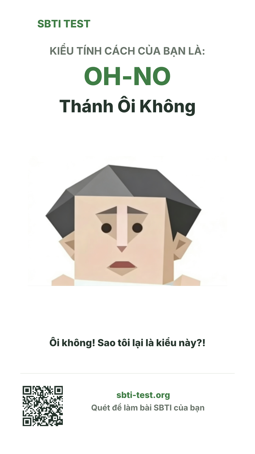 Poster dọc SBTI cho OH-NO Thánh Ôi Không, hiển thị hình kiểu SBTI và thông tin chia sẻ