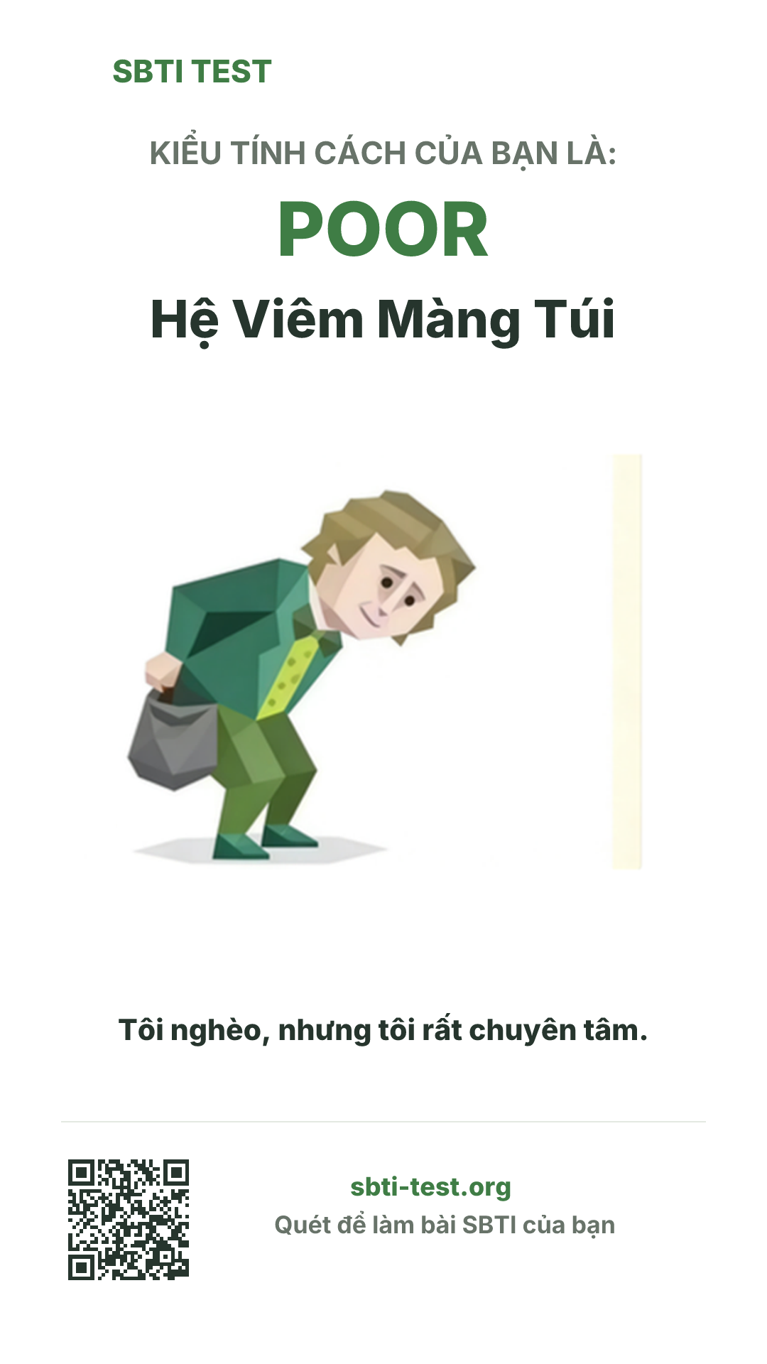 Poster dọc SBTI cho POOR Hệ Viêm Màng Túi, hiển thị hình kiểu SBTI và thông tin chia sẻ