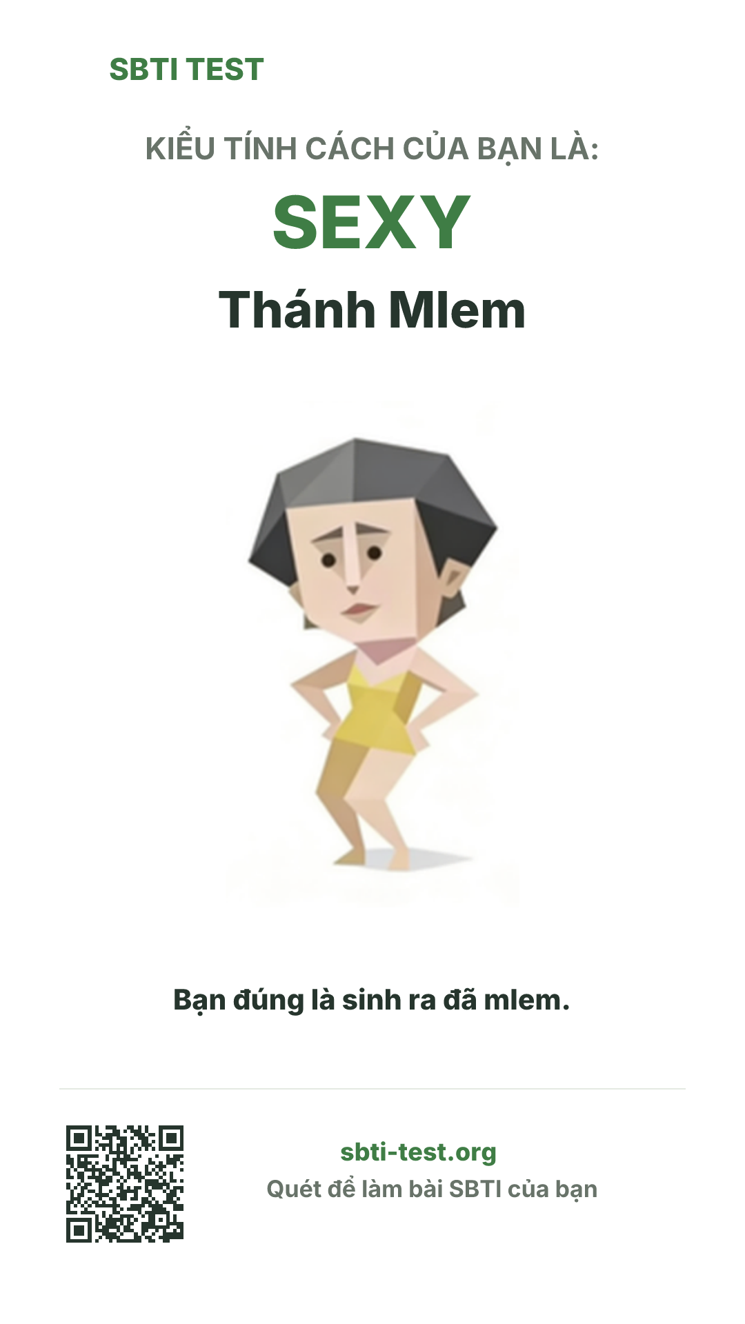 Poster dọc SBTI cho SEXY Thánh Mlem, hiển thị hình kiểu SBTI và thông tin chia sẻ