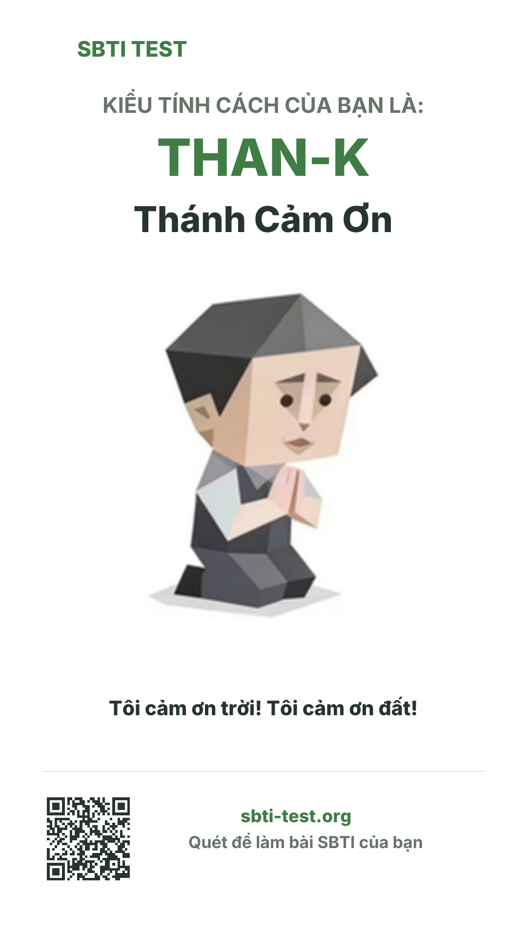 Poster dọc SBTI cho THAN-K Thánh Cảm Ơn, hiển thị hình kiểu SBTI và thông tin chia sẻ