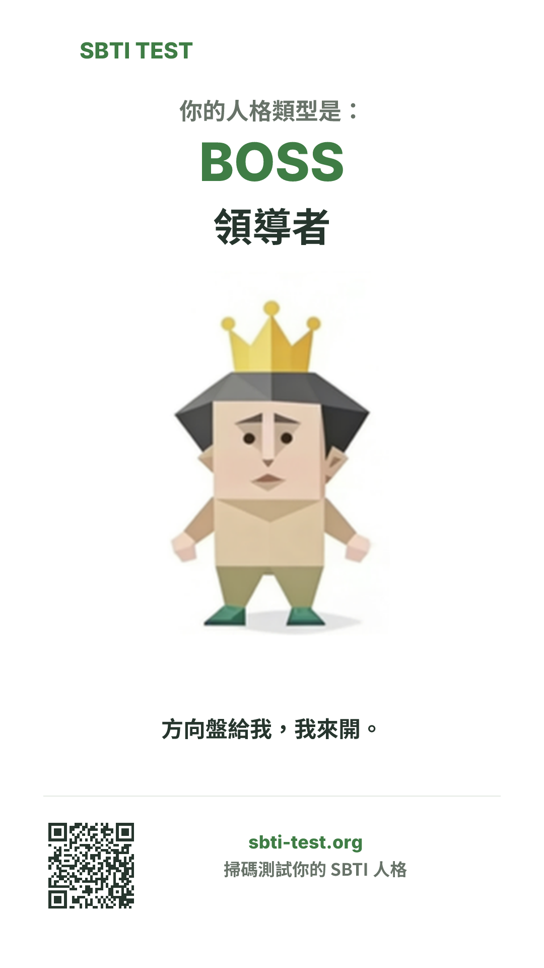 SBTI 測試中 BOSS 領導者 類型的豎版海報圖,展示主視覺與分享資訊