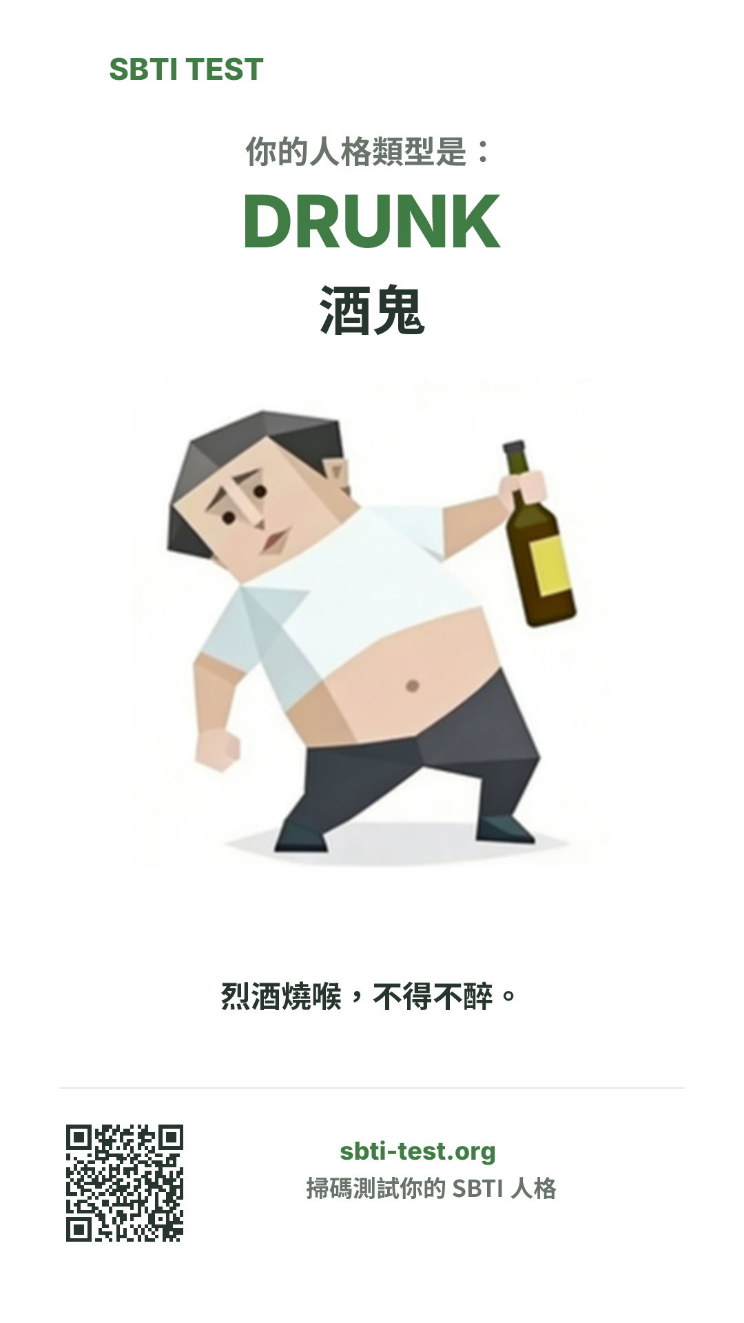 SBTI 測試中 DRUNK 酒鬼 類型的豎版海報圖,展示主視覺與分享資訊