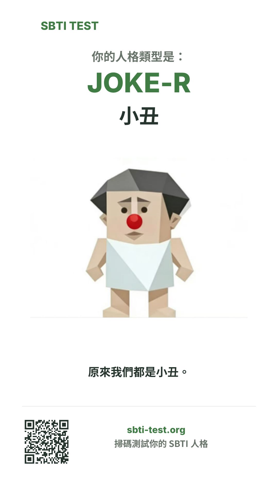 SBTI 測試中 JOKE-R 小丑 類型的豎版海報圖,展示主視覺與分享資訊