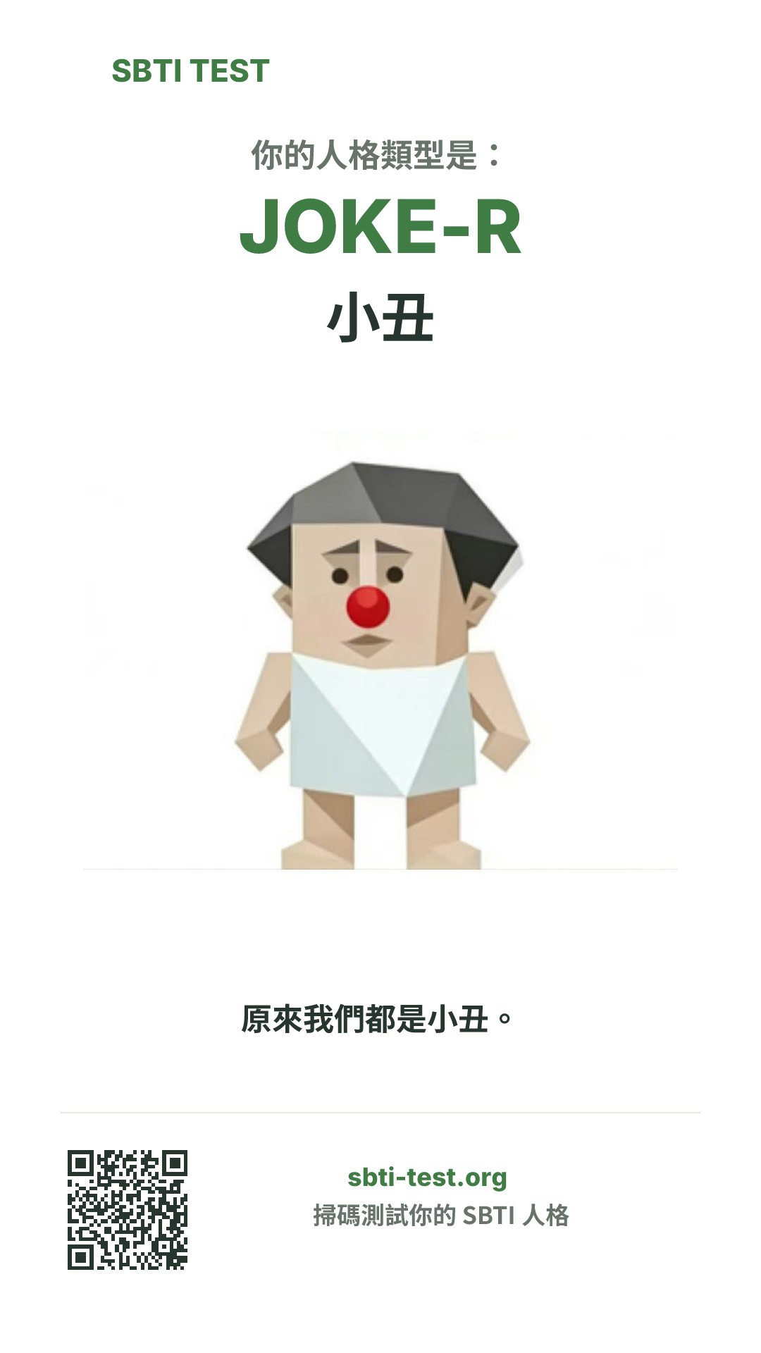 SBTI 測試中 JOKE-R 小丑 類型的豎版海報圖,展示主視覺與分享資訊