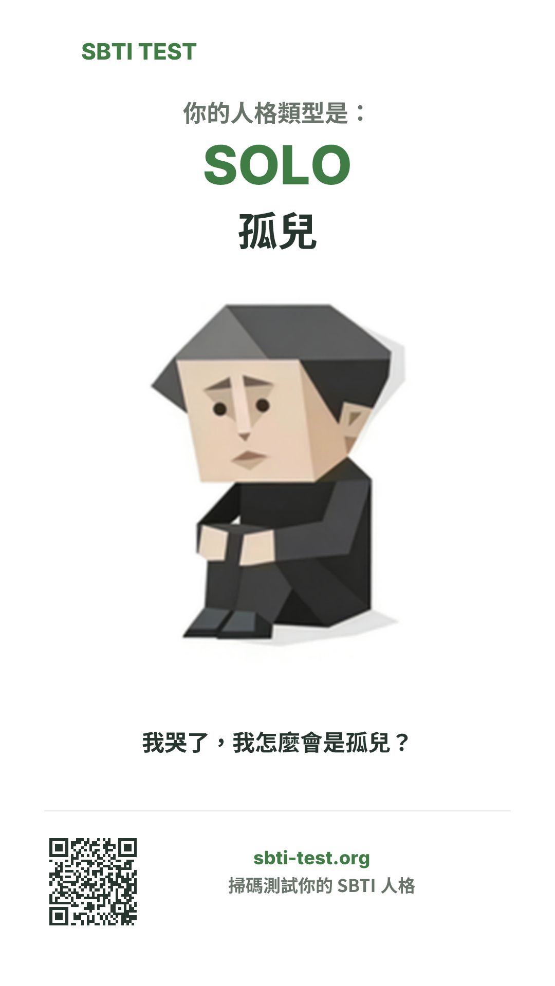 SBTI 測試中 SOLO 孤兒 類型的豎版海報圖,展示主視覺與分享資訊