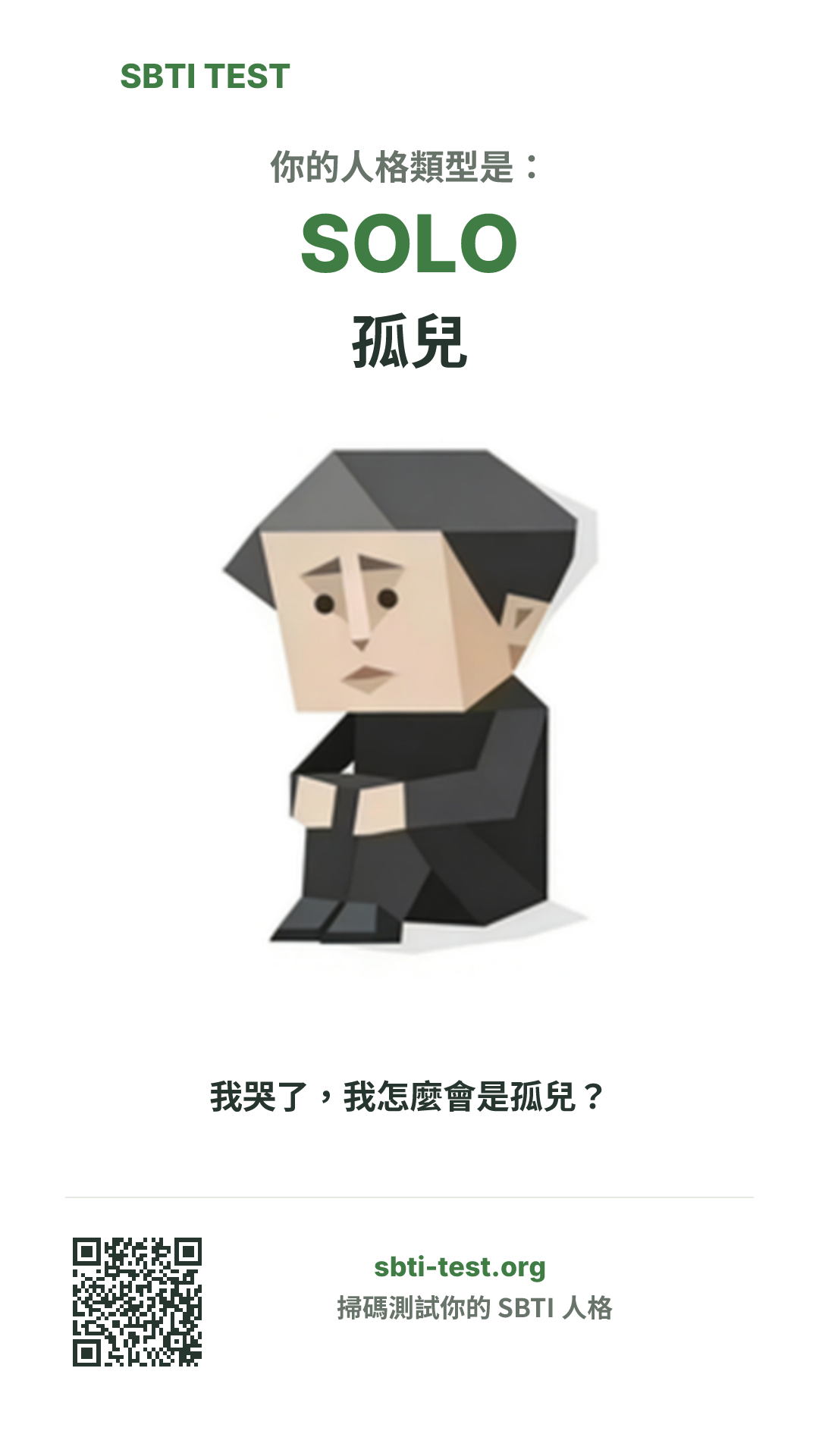 SBTI 測試中 SOLO 孤兒 類型的豎版海報圖,展示主視覺與分享資訊