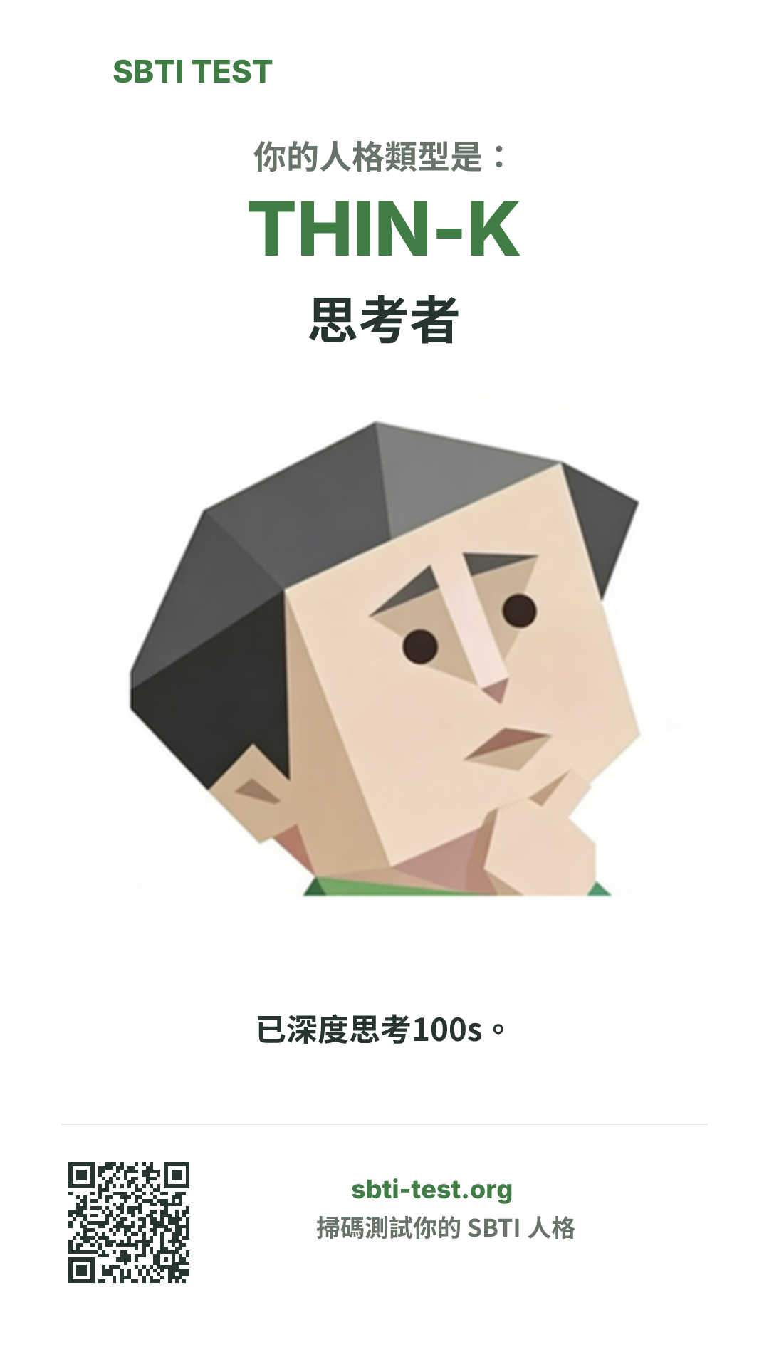 SBTI 測試中 THIN-K 思考者 類型的豎版海報圖,展示主視覺與分享資訊