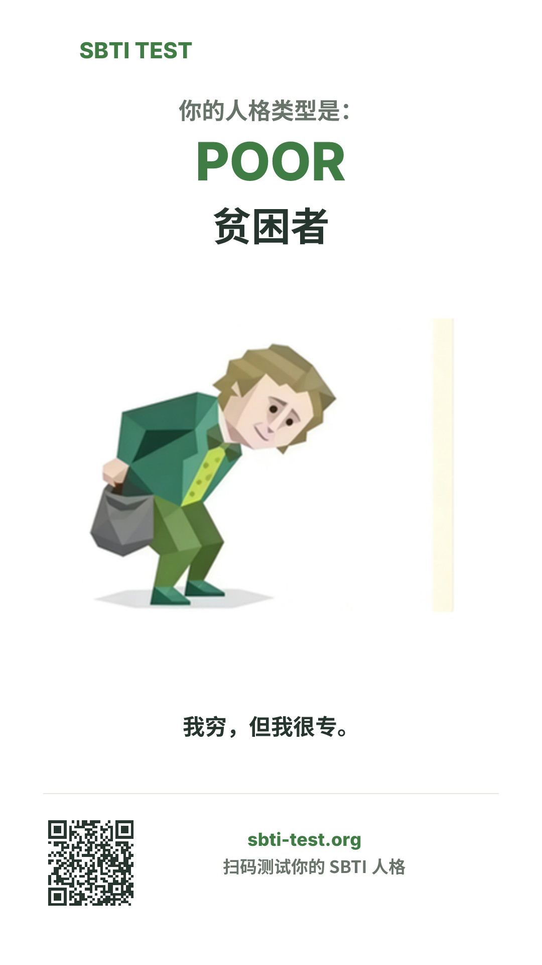 SBTI 测试中 POOR 贫困者 类型的竖版海报图,展示主视觉与分享信息