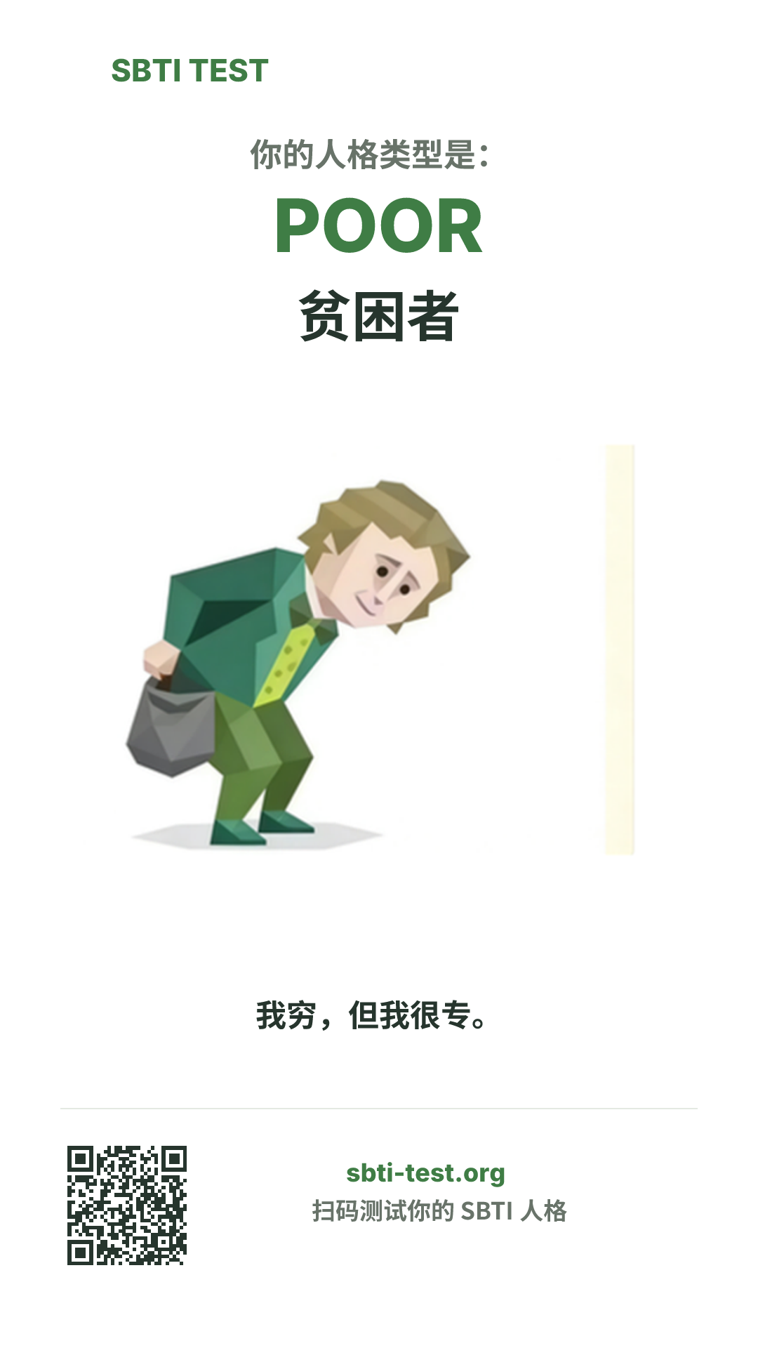 SBTI 测试中 POOR 贫困者 类型的竖版海报图,展示主视觉与分享信息