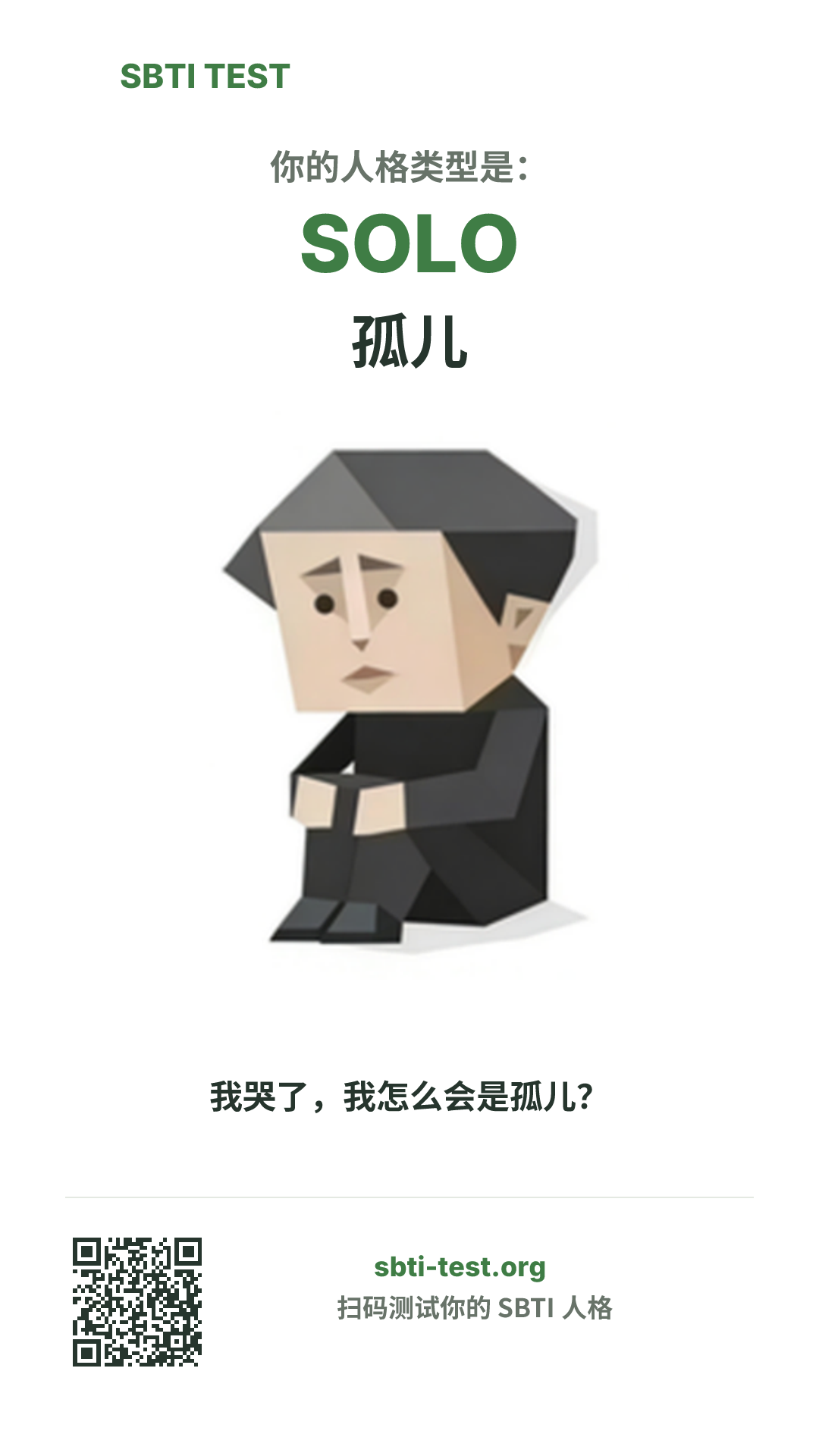 SBTI 测试中 SOLO 孤儿 类型的竖版海报图,展示主视觉与分享信息