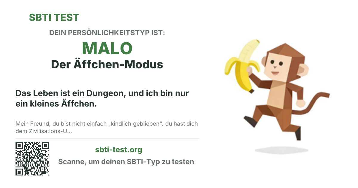 SBTI-Sharekarte für MALO Der Äffchen-Modus, mit Typmotiv und Titeltext