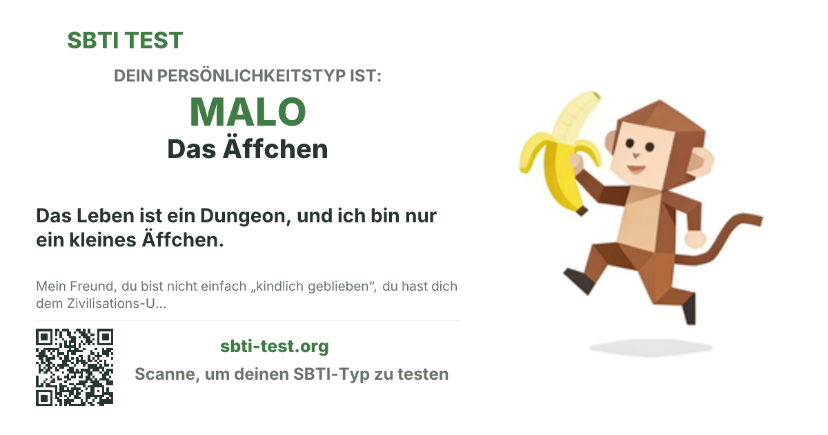 SBTI-Sharekarte für MALO Das Äffchen, mit Typmotiv und Titeltext