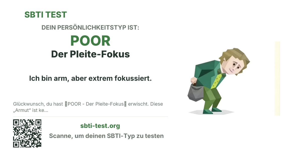 SBTI-Sharekarte für POOR Der Pleite-Fokus, mit Typmotiv und Titeltext