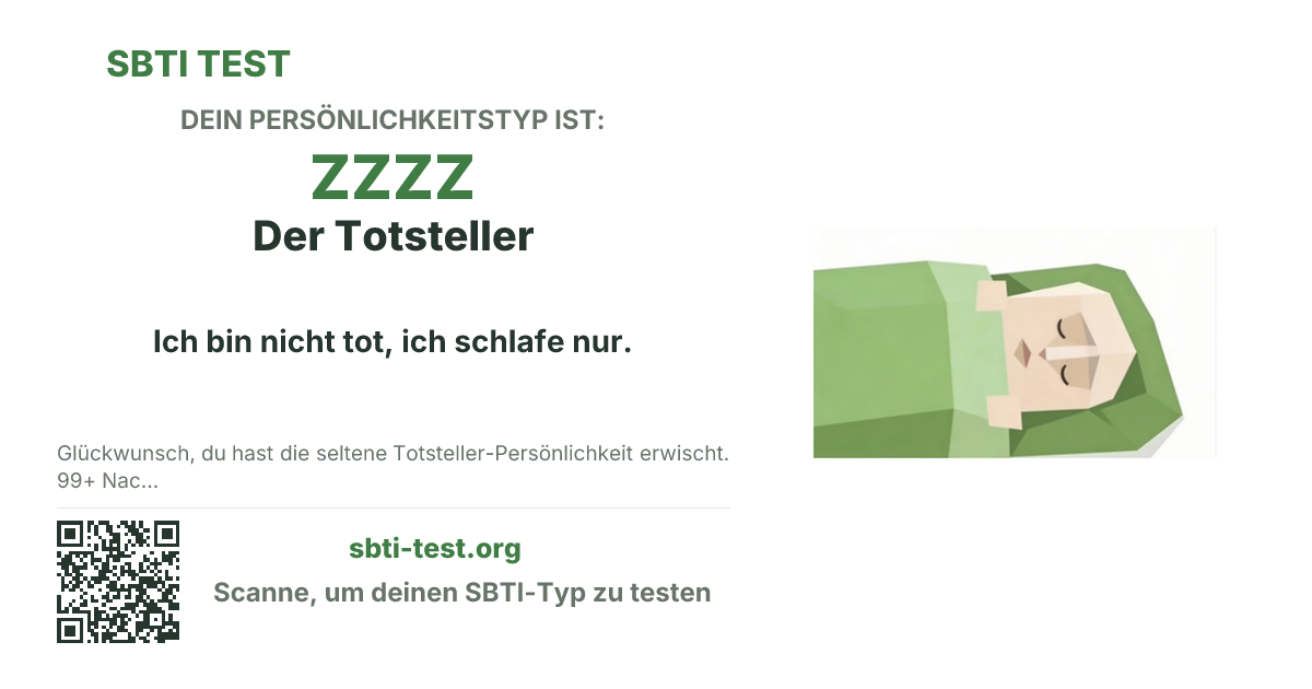 SBTI-Sharekarte für ZZZZ Der Totsteller, mit Typmotiv und Titeltext