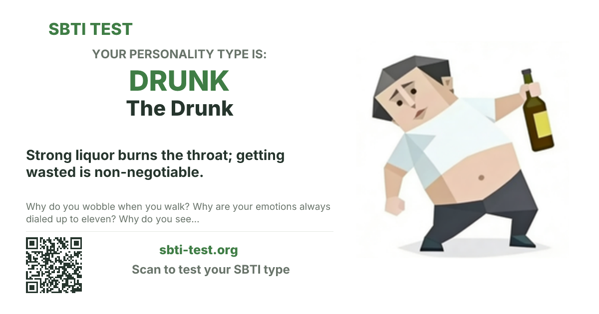 SBTI share card for DRUNK The Drunk, showing the type artwork and share title