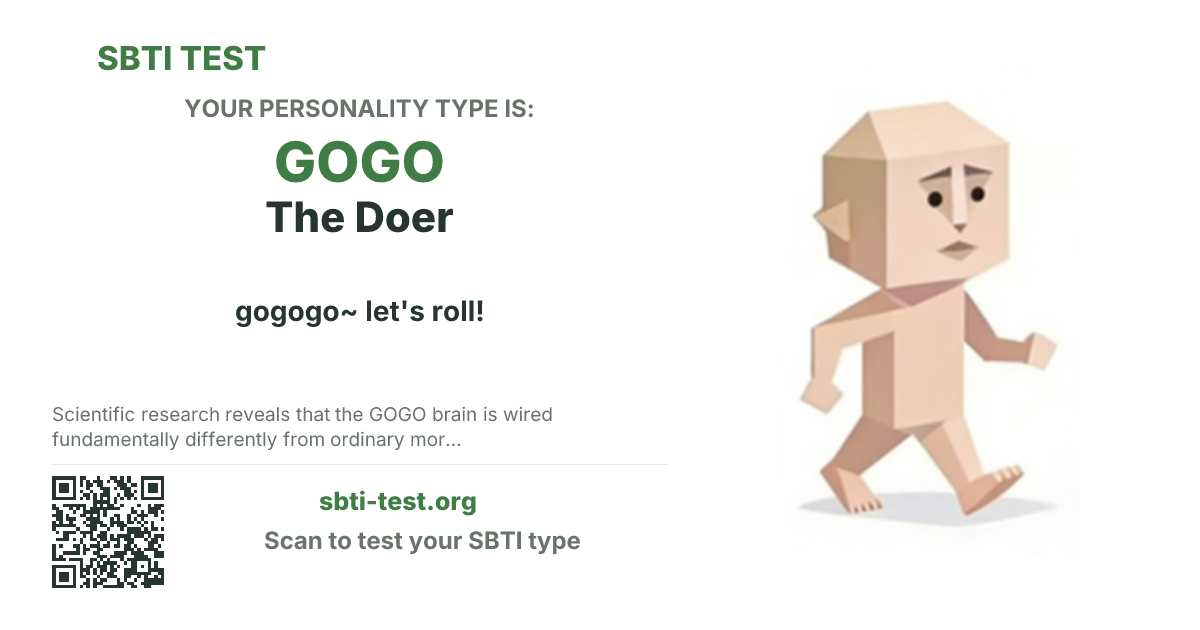 SBTI share card for GOGO The Doer, showing the type artwork and share title
