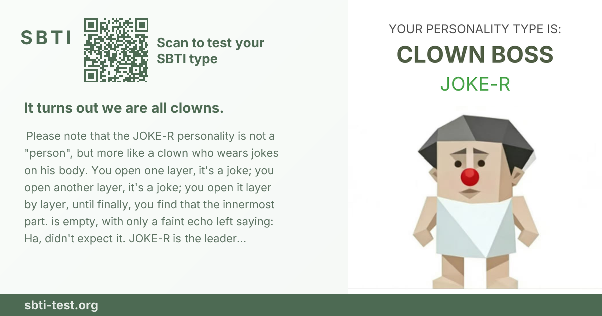 Carte de partage SBTI pour JOKE-R Roi des vannes, avec le visuel du type et son titre