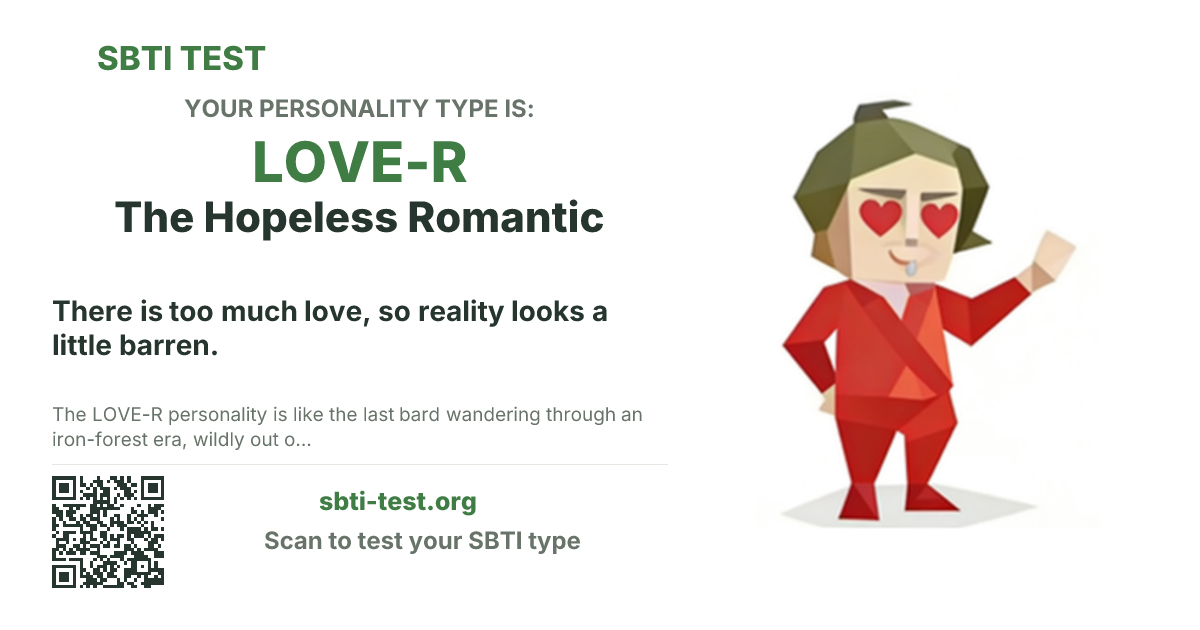 SBTI share card for LOVE-R The Hopeless Romantic, showing the type artwork and share title