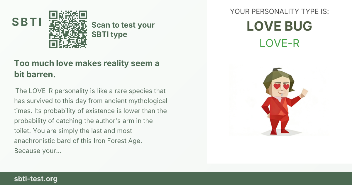 Carte de partage SBTI pour LOVE-R Romantique incurable, avec le visuel du type et son titre