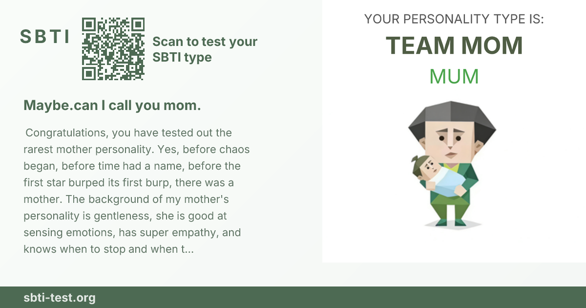Carte de partage SBTI pour MUM Maman du groupe, avec le visuel du type et son titre
