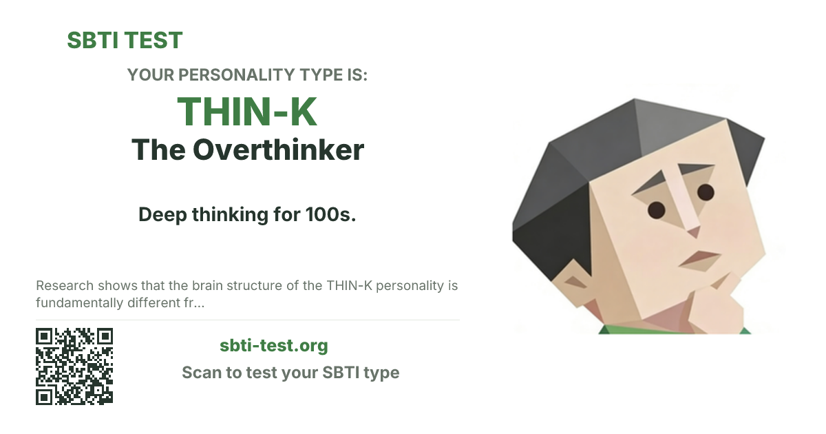 SBTI share card for THIN-K The Overthinker, showing the type artwork and share title